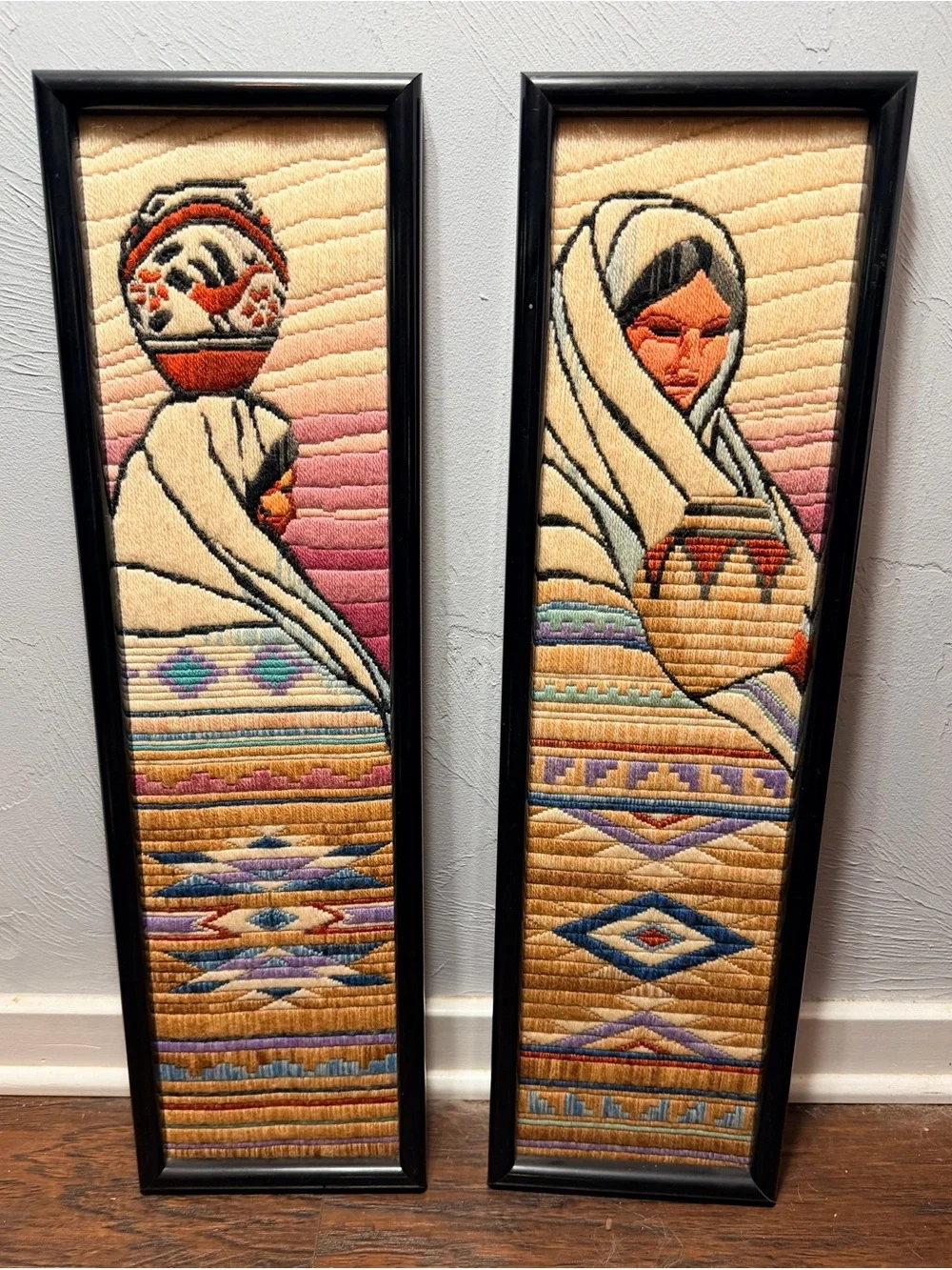 Vintage Handwoven Boho Wall Art Pair in Cream, Gold & Purple - Unbranded